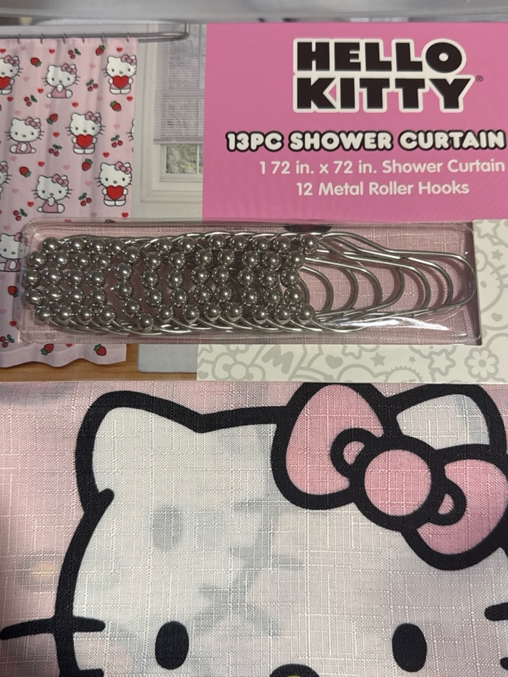 NWT Hello Kitty Pink Shower Curtain Set with strawberries and cherries